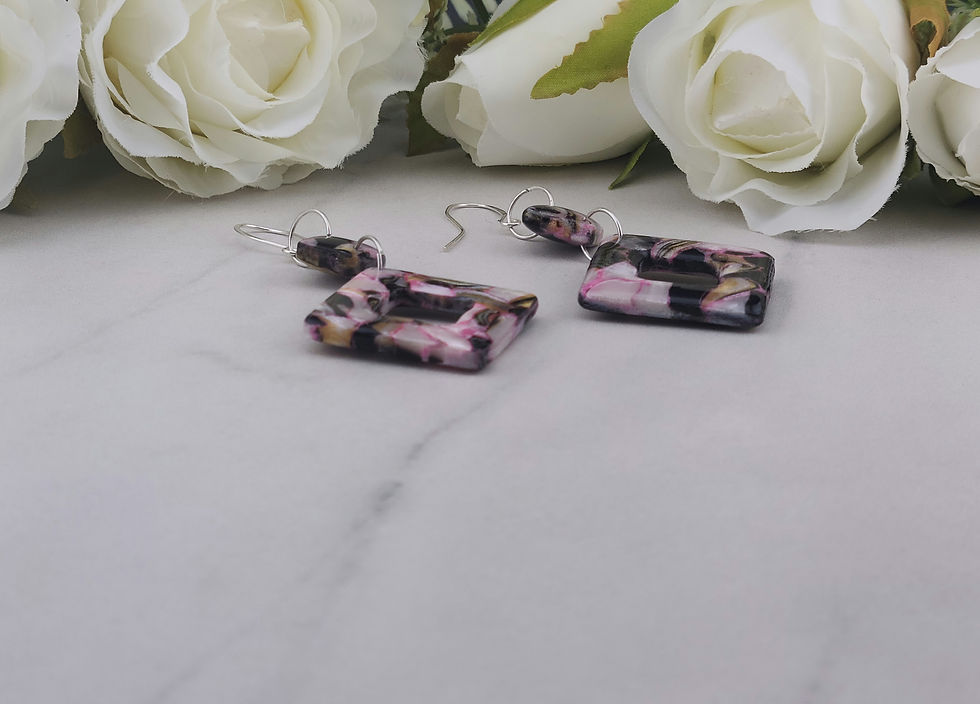 Handmade Pink Fusion Earrings with pink, black, and white marbled design; stylish, lightweight, and perfect for any occasion!