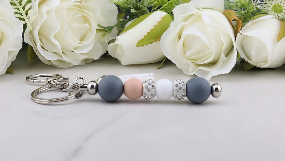 Gray and pastel silicone bead keychain bar with tassel and silver tone accents