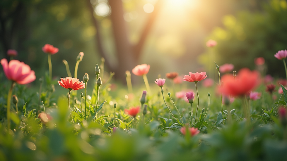 Eye-level view of a peaceful garden with blooming flowers