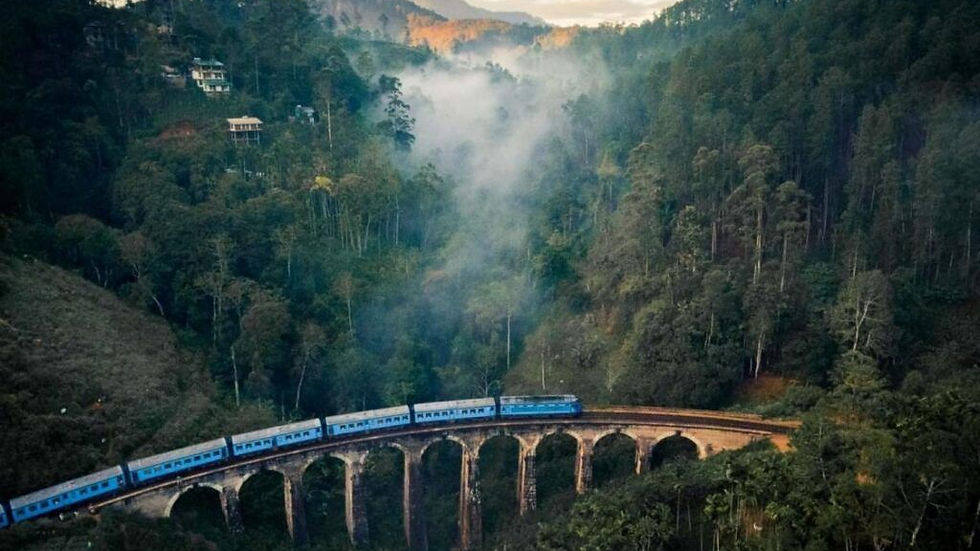A blue train crosses a misty, lush forest on an arched stone bridge. Tall trees surround and distant mountains rise under a cloudy sky.