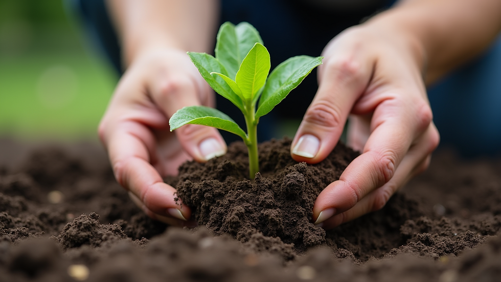 Close-up view of hands planting a young tree in soil