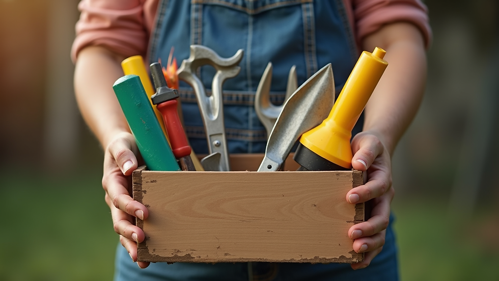 Close-up view of hands holding a toolbox filled with community-building tools