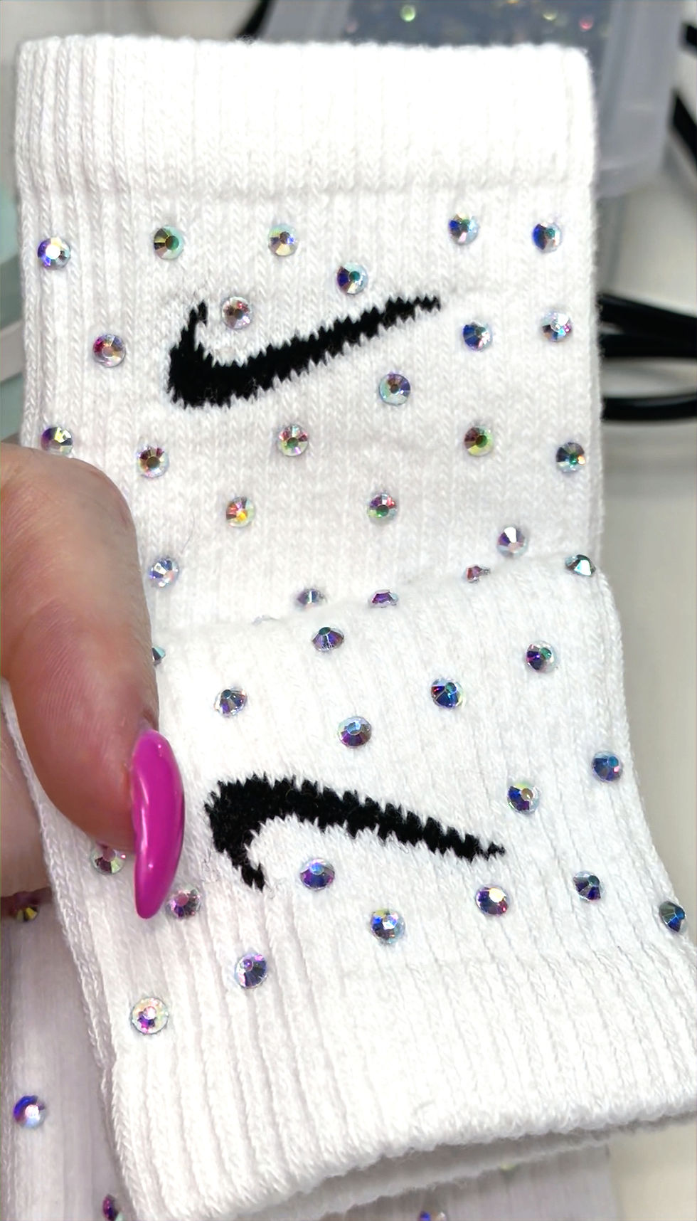 Iridescent Rhinestone Crew Socks, Available in black or white, Custom Bedazzled