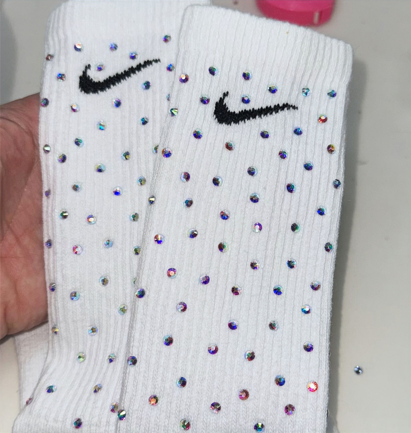 Iridescent Rhinestone Crew Socks, Available in black or white, Custom Bedazzled