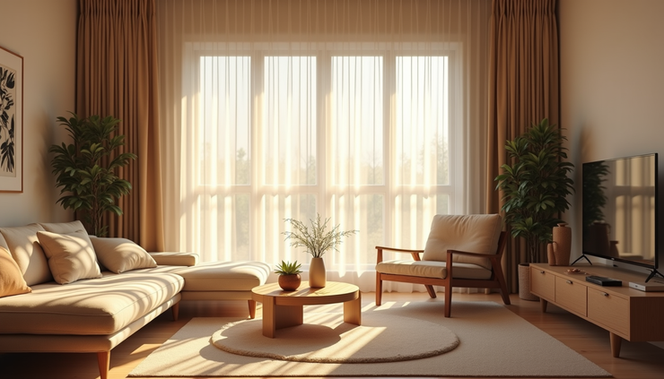 Eye-level view of a living room with closed curtains blocking sunlight