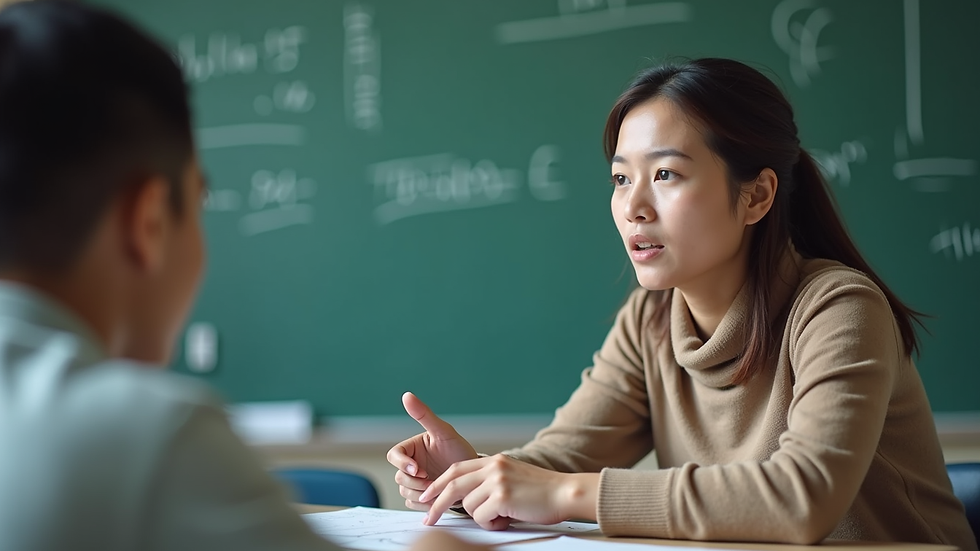 Close-up view of a bilingual math teacher explaining a concept to a student
