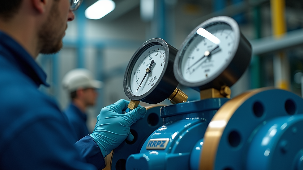 Eye-level view of a technician testing an RPZ valve with pressure gauges