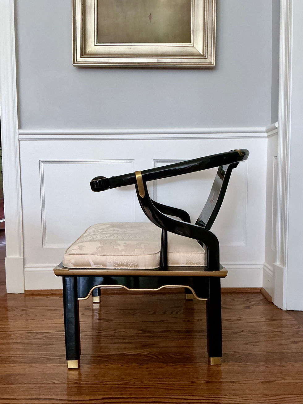 Thumbnail: Pair of James Mont Style Black Lacquer Horseshoe Chairs