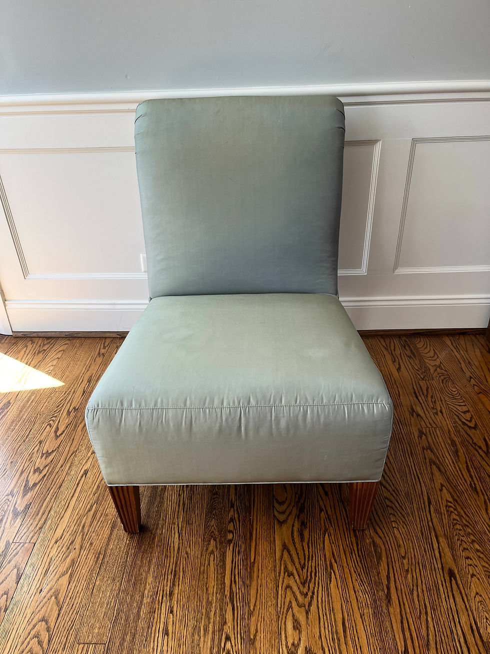 Thumbnail: Pair of Barbara Barry for Baker Celadon Silk, Scroll Back Slipper Chairs