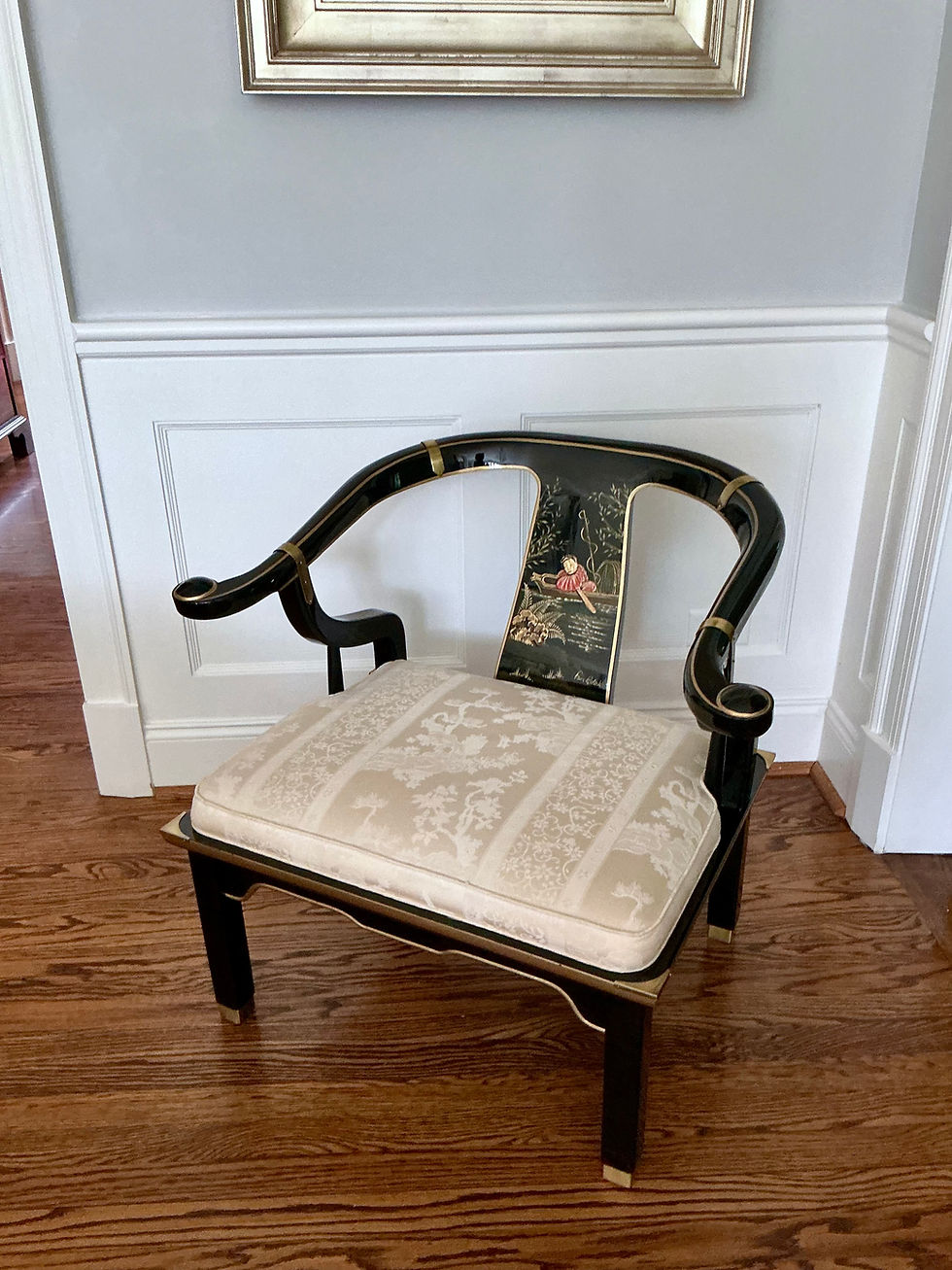 Thumbnail: Pair of James Mont Style Black Lacquer Horseshoe Chairs