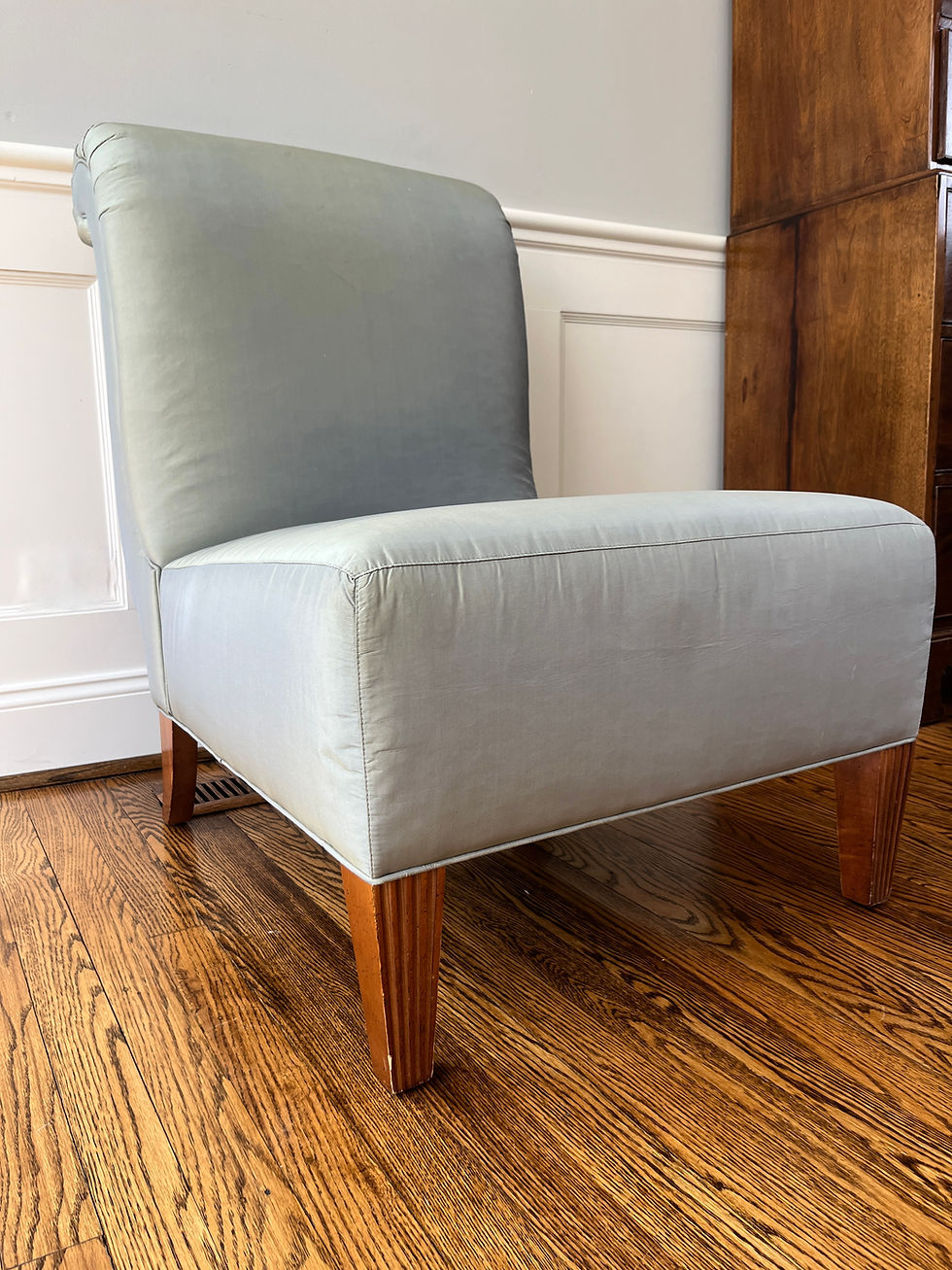Thumbnail: Pair of Barbara Barry for Baker Celadon Silk, Scroll Back Slipper Chairs