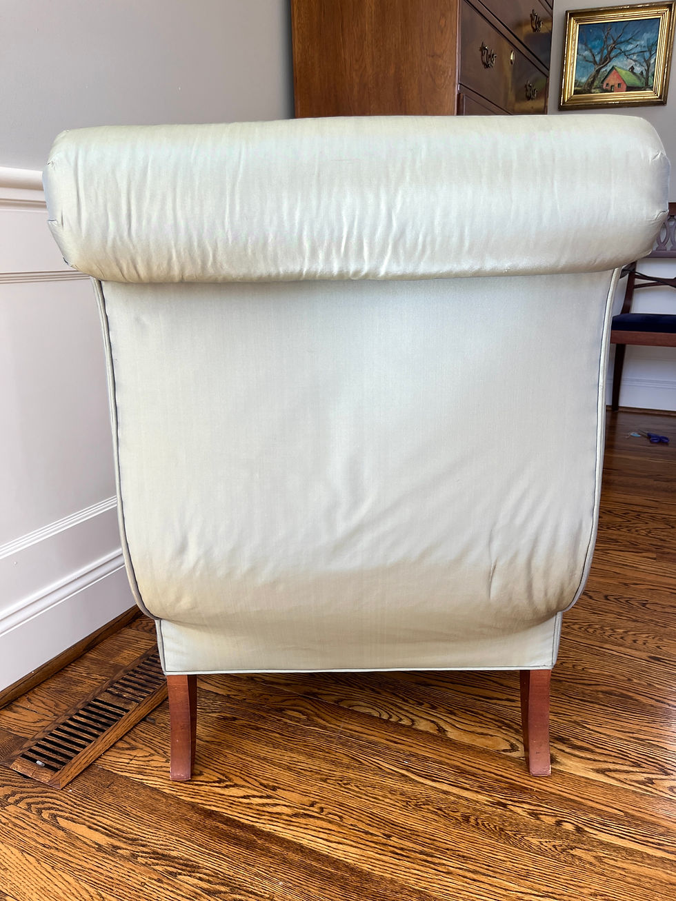 Thumbnail: Pair of Barbara Barry for Baker Celadon Silk, Scroll Back Slipper Chairs