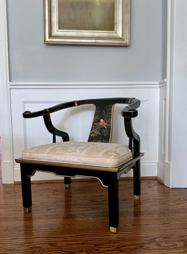 Pair of James Mont Style Black Lacquer Horseshoe Chairs Luce Co