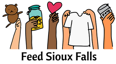 Feed Sioux Falls shows hands giving food, donations, clothing, and other essentials.