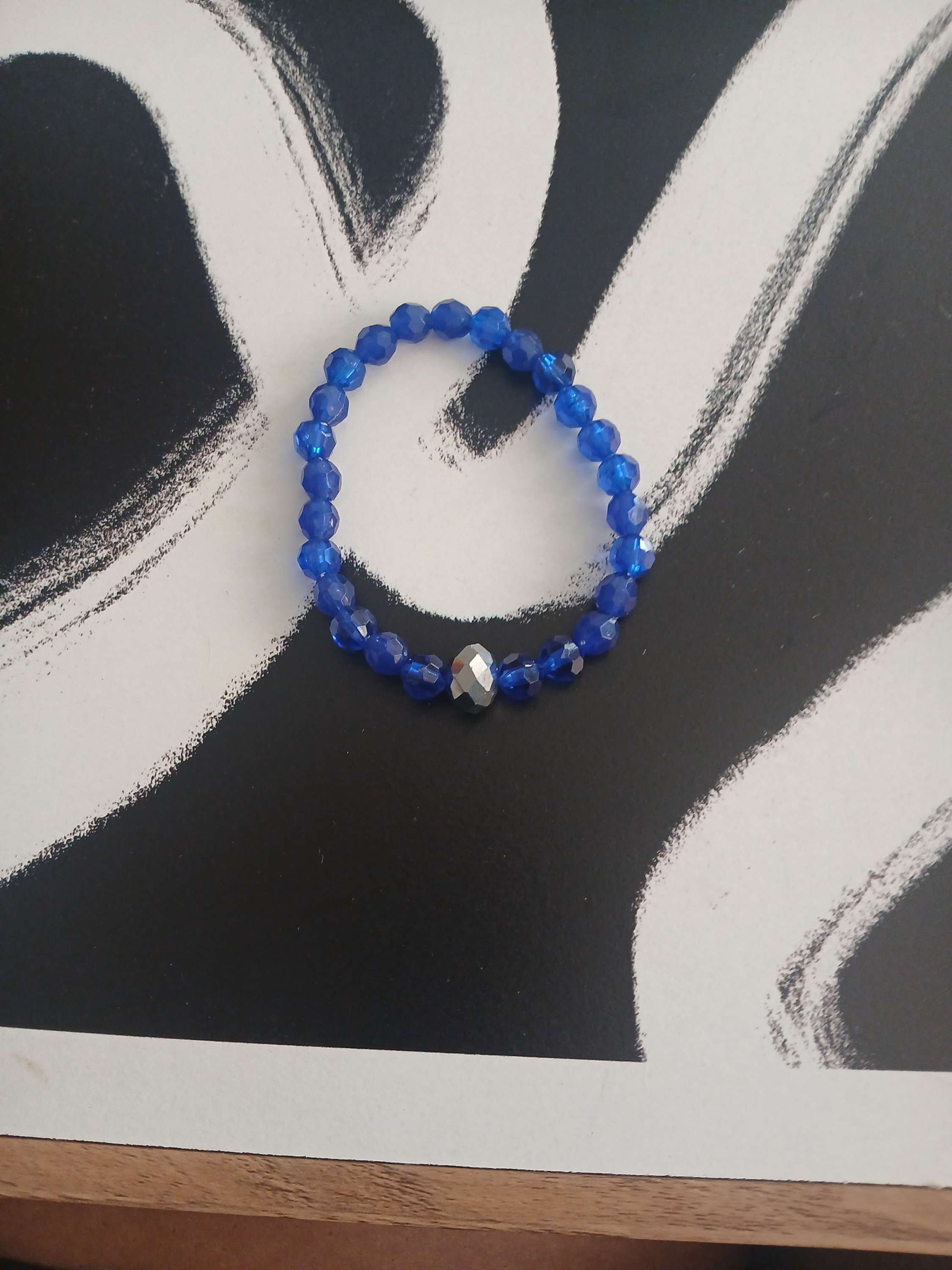 Royal blue beeds bracelet one disco silver ball 