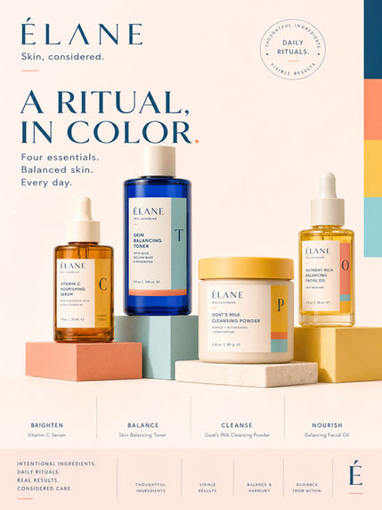 ÉLANE skincare campaign featuring Cleansing Powder, Toner, Vitamin C Serum, and Facial Oil arranged on colorful geometric pedestals against a soft cream background.