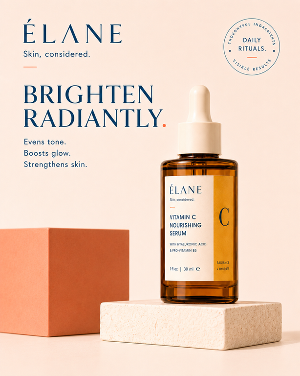 ÉLANE Vitamin C Serum in an amber dropper bottle displayed on a cream stone pedestal with coral accents and campaign typography.