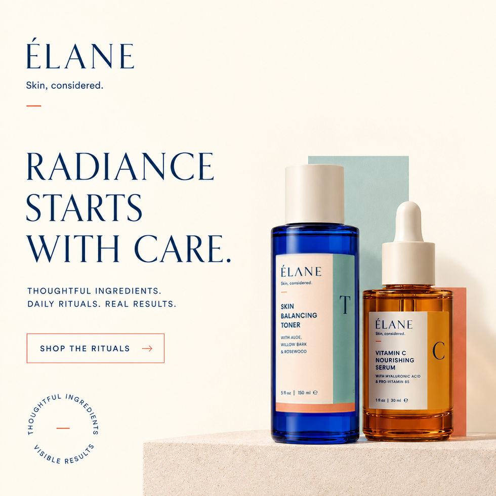 ÉLANE Daily Rituals social media graphic featuring Skin Balancing Toner and Vitamin C Nourishing Serum against aqua and coral geometric blocks with the text “Simple steps. Visible results.”