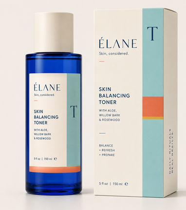 ÉLANE Skin Balancing Toner in a cobalt blue bottle displayed on aqua and stone pedestals with coral accents and campaign typography.