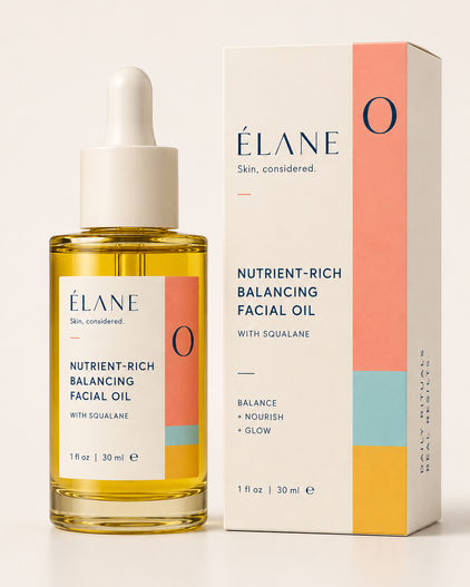 ÉLANE Nutrient-Rich Balancing Facial Oil in a golden glass dropper bottle displayed beside a cream box with coral, aqua, and marigold accents.