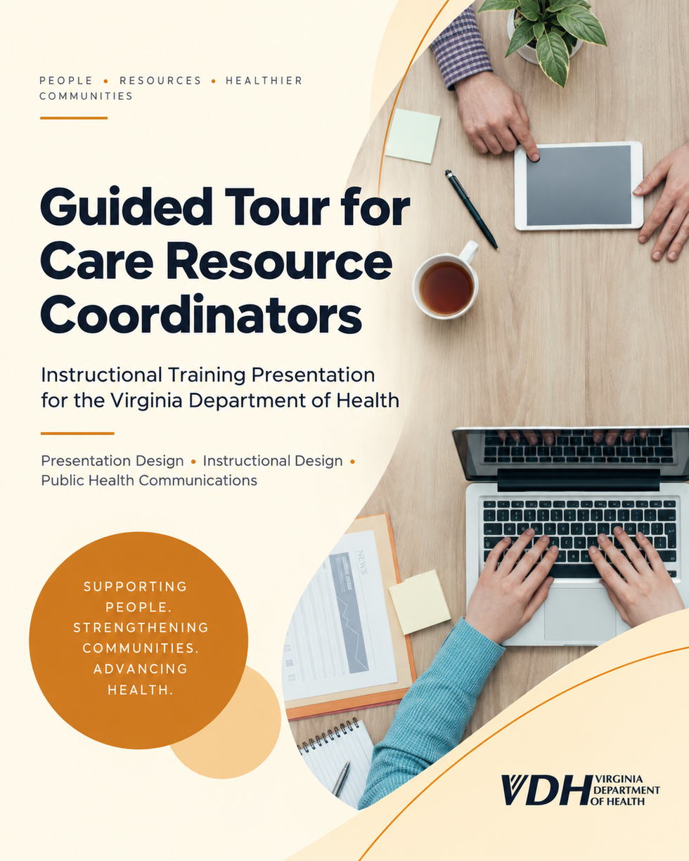 Portfolio cover for the Guided Tour for Care Resource Coordinators training presentation, featuring a workplace desk scene with a laptop, tablet, notes, and Virginia Department of Health branding.