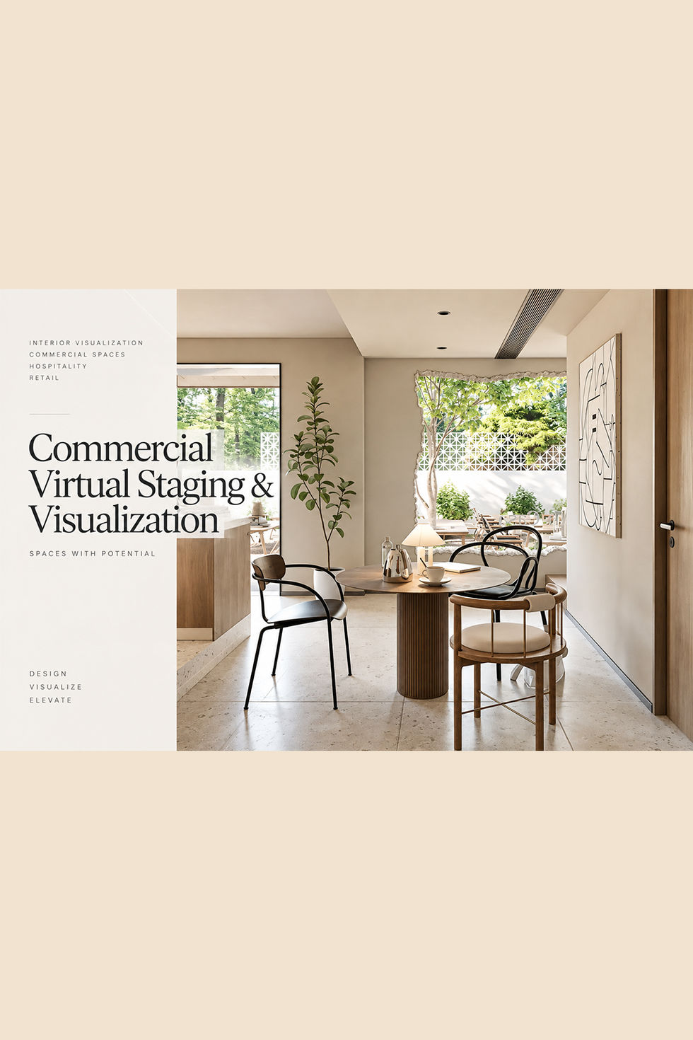 Cover image for a commercial virtual staging and visualization project, featuring a warm neutral hotel café and terrace concept with sculptural seating, greenery, and editorial text overlay.
