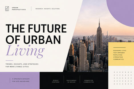 Presentation cover titled “The Future of Urban Living” featuring bold black and lavender typography, a New York City skyline photograph, geometric lavender and yellow accents, and themes of people-centered design, sustainability, and connected communities.