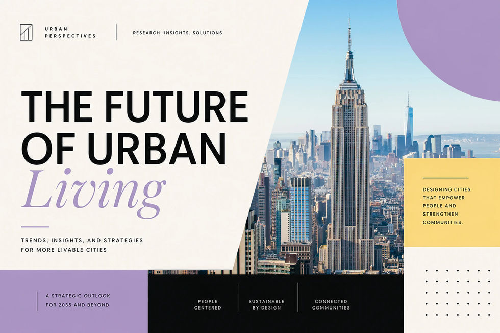 Presentation cover titled “The Future of Urban Living” featuring bold black and lavender typography, urban skyline photography, geometric lavender and yellow accents, and the themes People Centered, Sustainable by Design, and Connected Communities.