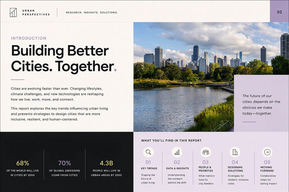 Presentation introduction titled “Building Better Cities. Together.” featuring an urban park and skyline, key urban-living statistics, a five-part report roadmap, and lavender, yellow, black, and cream graphic elements.