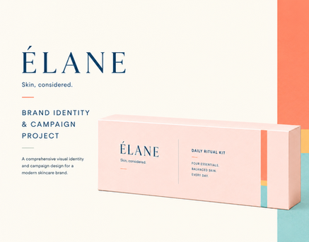 ÉLANE skincare collection featuring four color-coded products in amber, cobalt, cream, and gold packaging.