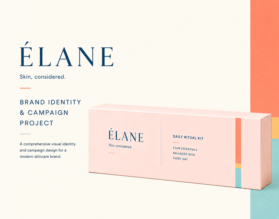 Opening project page for ÉLANE featuring the brand wordmark, “Skin, considered.” tagline, brand identity and campaign project title, and a pastel pink Daily Ritual Kit box with soft coral, mustard, and mint accents.