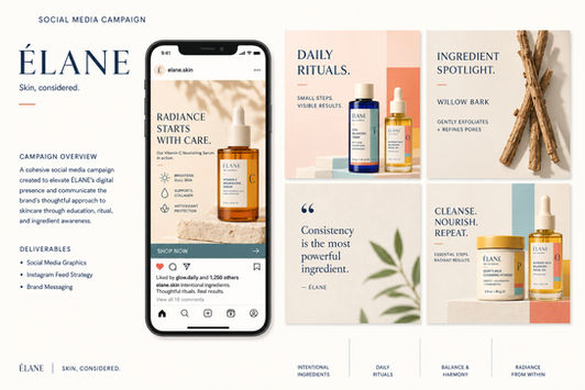 ÉLANE social media campaign presentation featuring an Instagram phone mockup and a grid of branded skincare posts, including Daily Rituals, Ingredient Spotlight, brand messaging, and product-focused content.