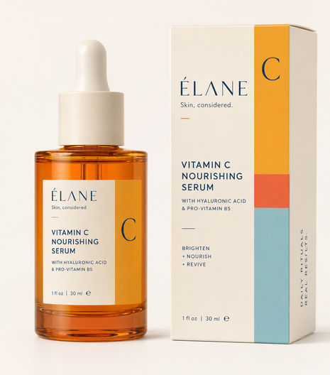 ÉLANE Vitamin C Nourishing Serum in an amber glass dropper bottle displayed beside a cream box with marigold, coral, and aqua accents.