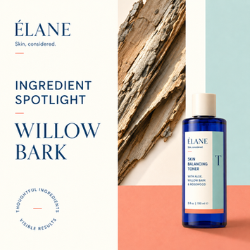 ÉLANE Ingredient Spotlight graphic featuring natural willow bark, Skin Balancing Toner, aqua and coral color blocking, and the words “Willow Bark.”