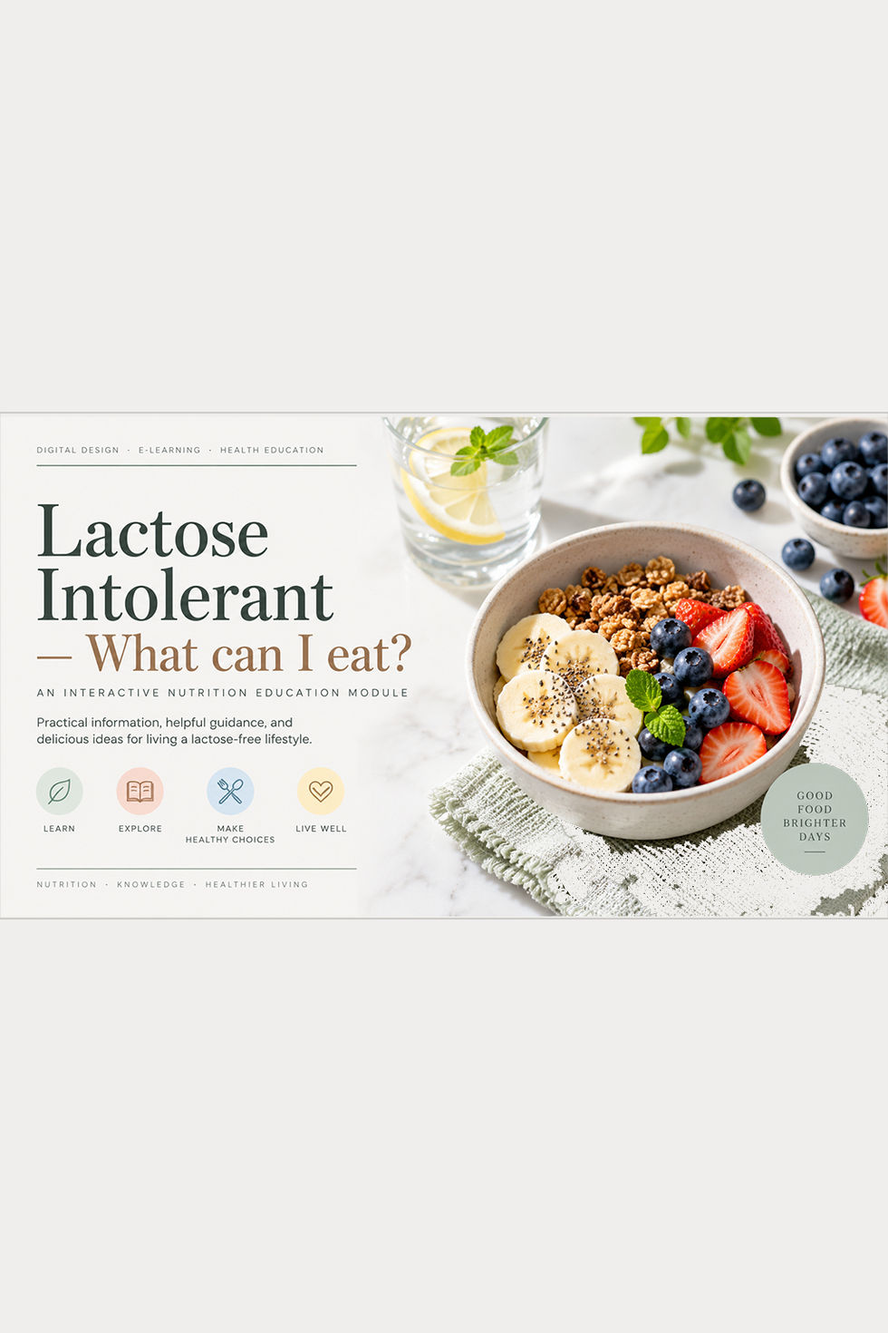 Portfolio cover for “Lactose Intolerant — What Can I Eat?”, featuring a bright breakfast bowl with fruit and granola, soft sage and cream accents, and educational design elements focused on nutrition and lactose-free eating.