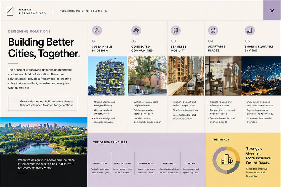 Presentation slide titled “Building Better Cities, Together” featuring five urban design solutions—sustainable design, connected communities, seamless mobility, adaptable places, and smart equitable systems—with supporting photography, icons, recommendations, and design principles.