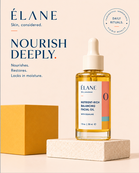 ÉLANE Balancing Facial Oil in a golden glass dropper bottle displayed on a cream stone pedestal with a mustard accent and campaign typography.