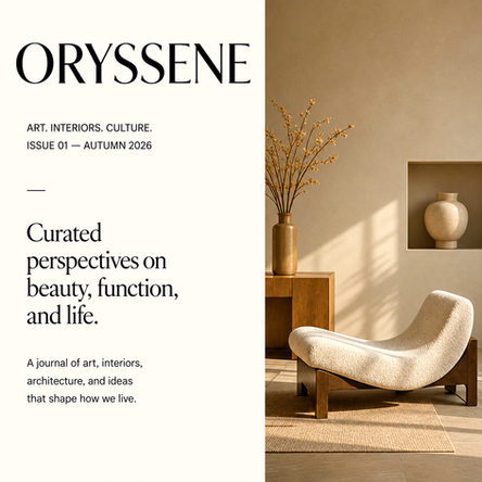 ORYSSENE Issue 01 editorial opening page featuring a warm minimalist interior, sculptural chair, ceramic vase, and refined typography.