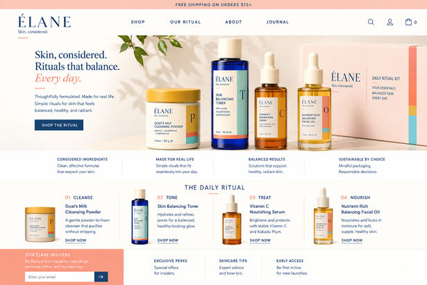 ÉLANE skincare desktop e-commerce homepage featuring the four-product Daily Ritual collection, brand messaging, product benefits, and shopping sections in the brand’s cream, coral, aqua, mustard, and navy visual identity.