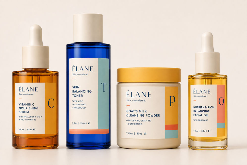 ÉLANE skincare collection featuring Goat’s Milk Cleansing Powder, Skin Balancing Toner, Vitamin C Nourishing Serum, and Nutrient-Rich Balancing Facial Oil arranged together against a soft cream background.