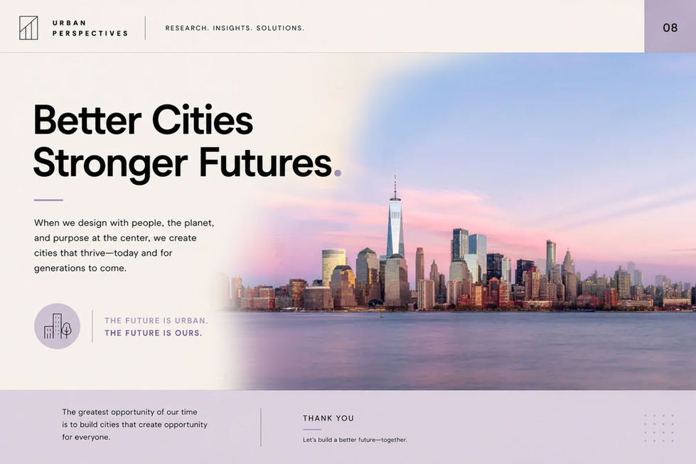 Closing presentation slide featuring a waterfront cityscape at sunset, the headline “Stronger. Greener. More Inclusive.” and four future priorities focused on healthier people, cleaner environments, stronger communities, and more equitable opportunities.