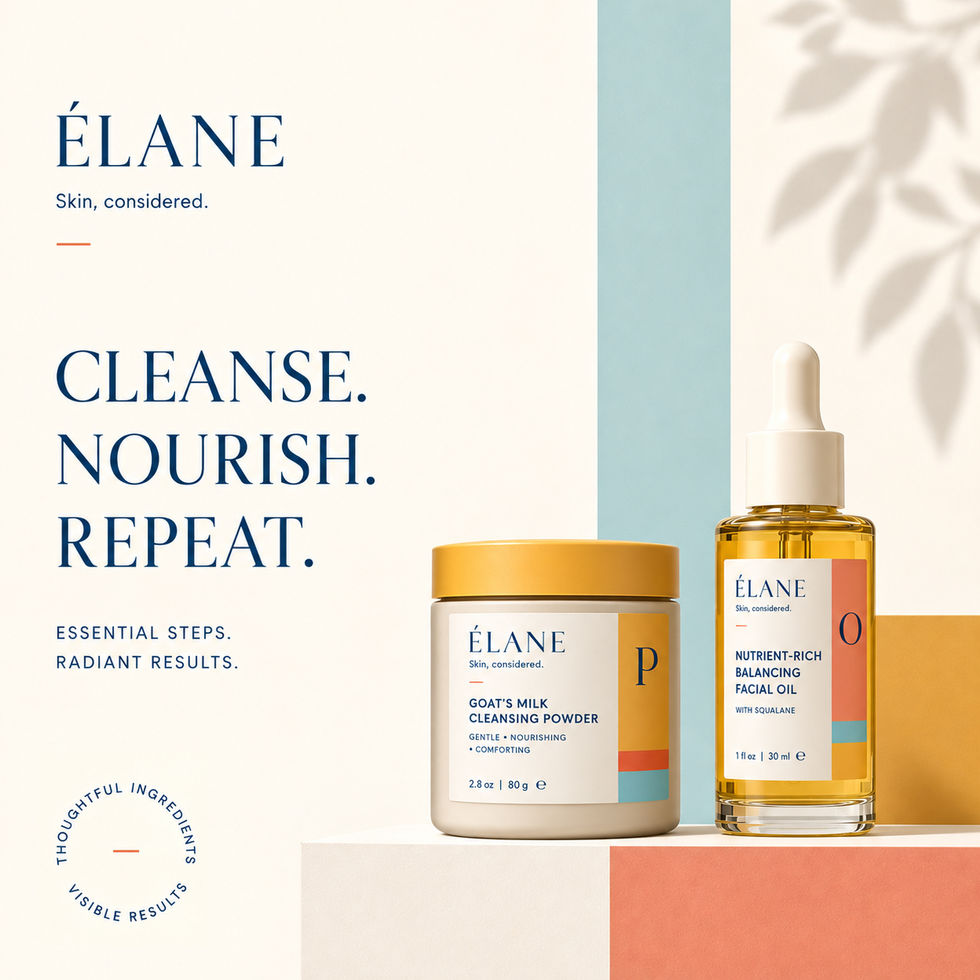 ÉLANE social media graphic featuring Cleansing Powder and Nourishing Facial Oil with aqua, coral, and marigold color blocks and the headline “Cleanse. Nourish. Repeat.”