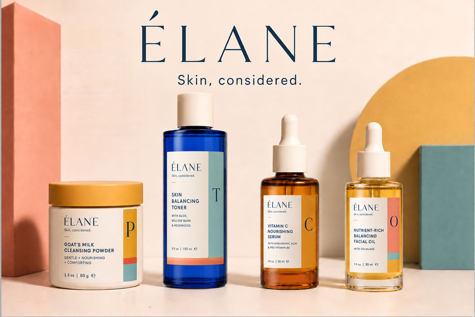 ÉLANE skincare collection featuring cleansing powder, blue skin balancing toner, amber Vitamin C serum, and golden facial oil arranged with coral, mustard, aqua, and cream geometric forms beneath the ÉLANE logo and “Skin, considered.” tagline.