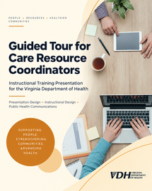 Portfolio cover for the Guided Tour for Care Resource Coordinators training presentation, featuring a workplace desk scene with a laptop, tablet, notes, and Virginia Department of Health branding.