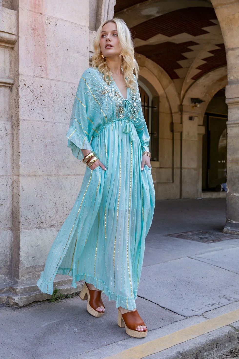 Formal Embellished Maxi Dress – Aqua Blue Cowl Neck Gown: Elegance Redefined