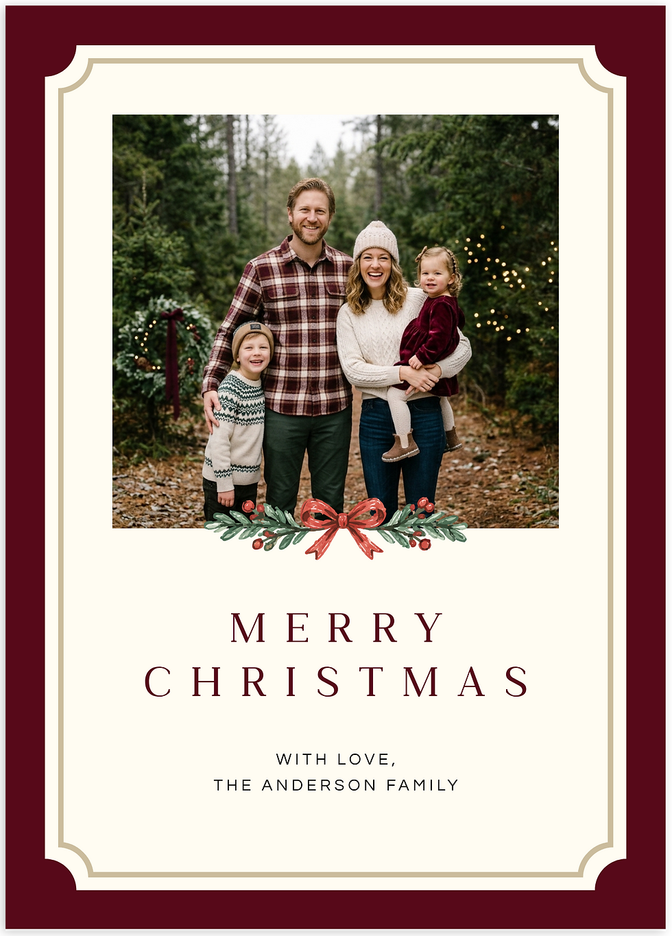 Classic Christmas family photo card with traditional red, forest green, and ivory colors and elegant holiday lettering.