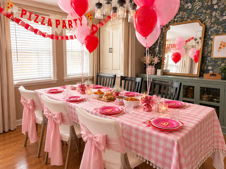 Red and pink pizza-themed 2nd birthday party tablescape with a pink gingham tablecloth, balloons, pizza decorations, and decorated dining chairs in a cozy home dining room.