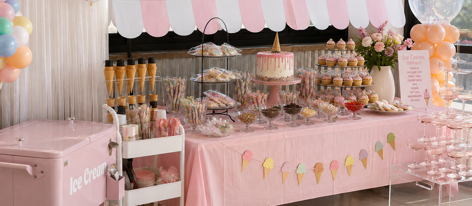 A pastel ice cream-themed birthday party dessert table with a pink-and-white awning, sundae bar, birthday cake, sweet treats, and colorful toppings.