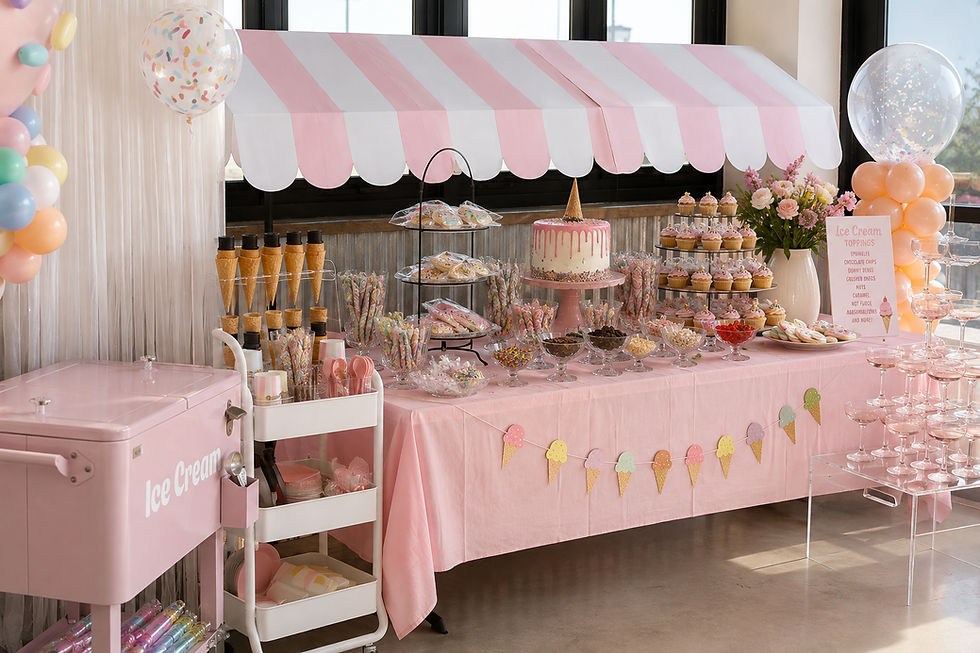 A pastel ice cream-themed birthday party dessert table with a pink-and-white awning, sundae bar, birthday cake, sweet treats, and colorful toppings.