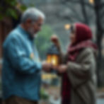 An elderly man and a young woman share a moment while holding a glowing lantern on a misty day, symbolizing warmth and connection amidst the cool, serene backdrop.